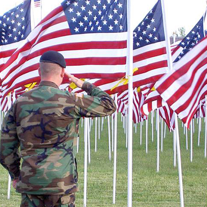 military man saluting flags