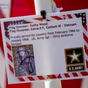 A flag was placed in the Field of Honer in Los Rios Park in San Juan Capistrano to honor Edward F. Corbett, III who served in Vietnam. 

 ///ADDITIONAL INFO: 0526.sjc.honor - 5/21/16 - Photo by PAUL RODRIGUEZ - Honor scouts from the Order of the Arrow help place 300 large flags for a Field of Honor at Los Rios Park in San Juan Capistrano. The event is organized by Homefront America which will conduct a Memorial Day ceremony at the park.